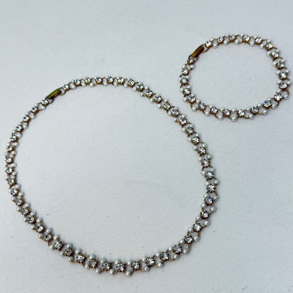 Vintage Faux Pearl & Rhinestone‎ Set Choker Necklace & Bracelet Gold-Tone - Picture 1 of 10